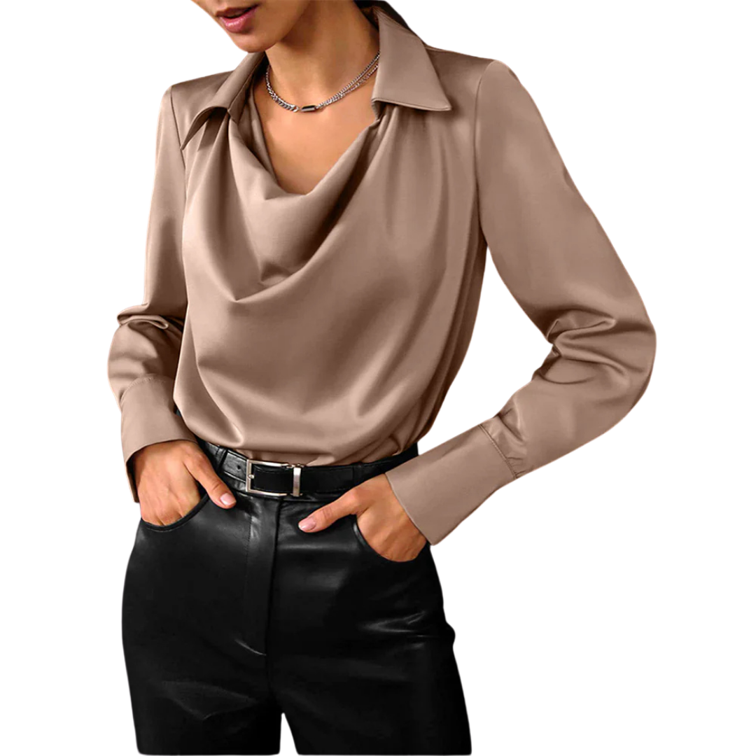Women’s Elegant Satin Blouse – Shirt Collar with Draped Neckline