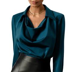 Women’s Elegant Satin Blouse – Shirt Collar with Draped Neckline