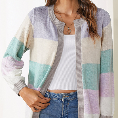 Women’s Colour-Block Button Cardigan – Relaxed Long-Sleeve Knit Layer with Ribbed Trim for Everyday Styling