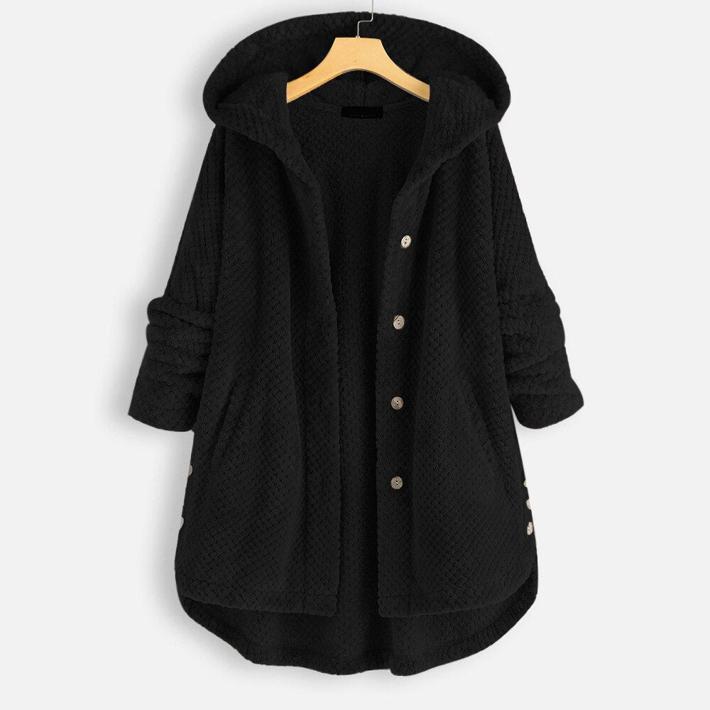 Women’s Oversized Hooded Teddy Jacket – Soft Button-Front Longline Winter Layer