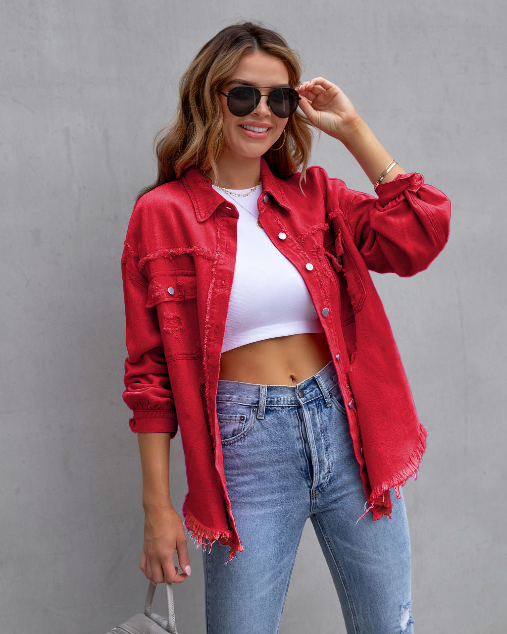 Women’s Distressed Oversized Denim Jacket – Raw-Edge Button-Front Layer with Utility Chest Pockets
