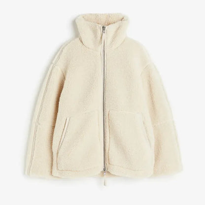 Women’s Plush Teddy Fleece Jacket – Relaxed Zip-Front Winter Layer with High Collar for Cosy Everyday Wear