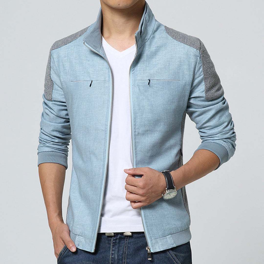 Men’s Lightweight Stand-Collar Jacket – Shoulder-Panel Zip Layer for Casual Seasonal Wear