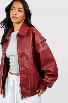 Women’s Oversized Vegan Leather Bomber Jacket – Modern Streetwear Layer for Day and Evening