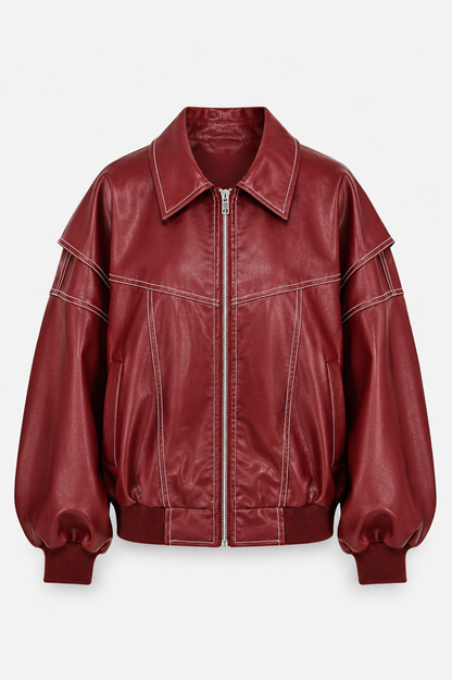 Women’s Oversized Bomber Jacket – Contrast-Stitch Zip Layer for Spring and Autumn