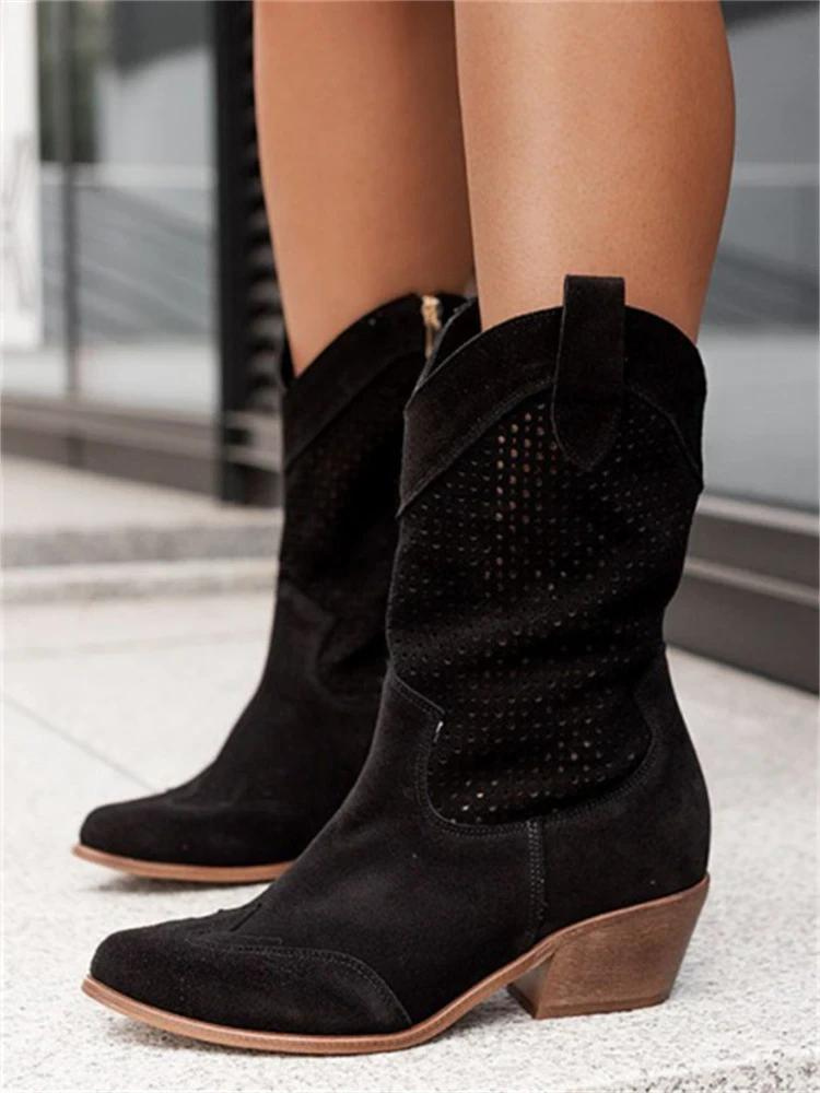 Women’s Cowboy Boots – Block Heel with Perforated Detail