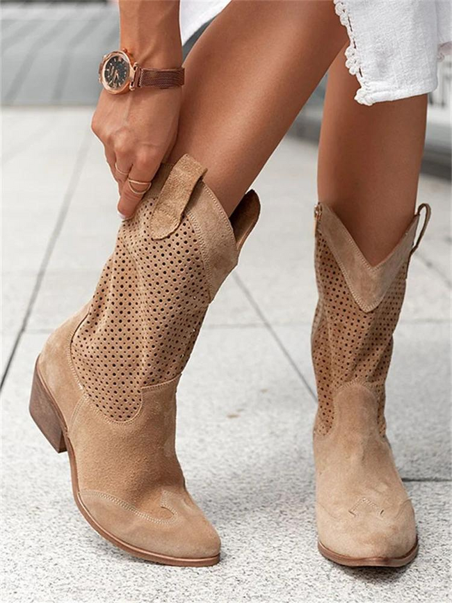 Women’s Cowboy Boots – Block Heel with Perforated Detail