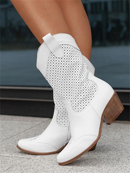 Women’s Cowboy Boots – Block Heel with Perforated Detail