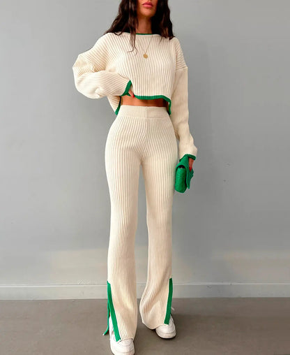 Women’s Cropped Rib-Knit Co-Ord Set – Long-Sleeve Jumper with High-Waist Slim Trousers for Casual Wear
