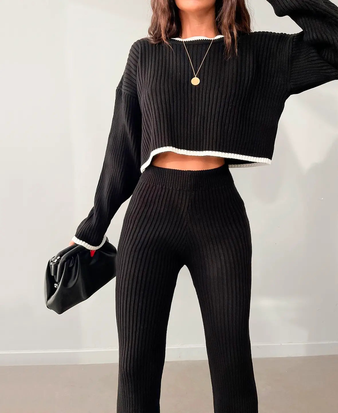Women’s Cropped Rib-Knit Co-Ord Set – Long-Sleeve Jumper with High-Waist Slim Trousers for Casual Wear