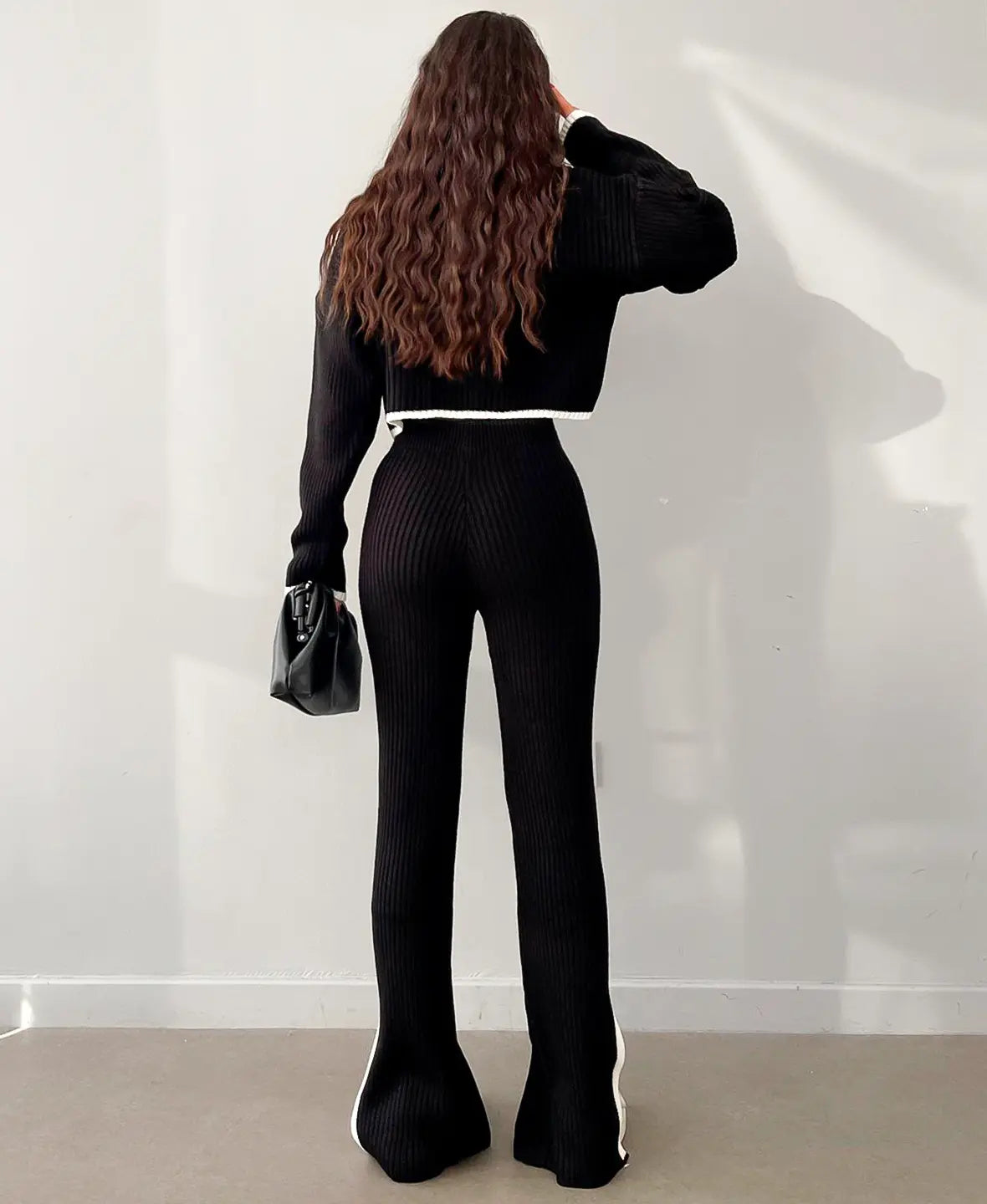 Women’s Cropped Rib-Knit Co-Ord Set – Long-Sleeve Jumper with High-Waist Slim Trousers for Casual Wear