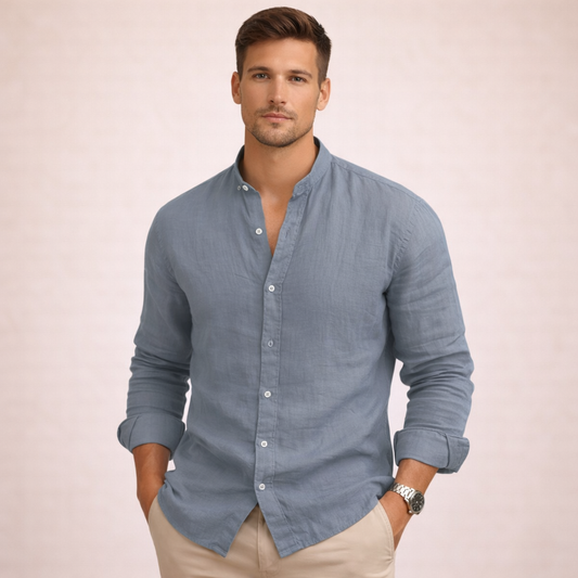 Men’s Linen Grandad Collar Shirt – Lightweight Breathable Button-Front Style for Summer and Holiday Wear