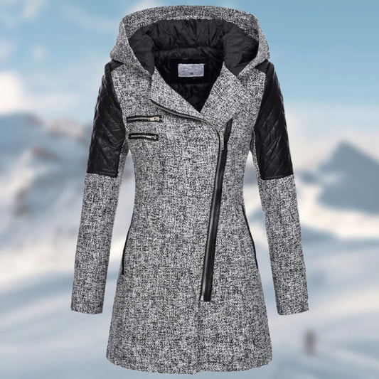 Women’s Textured Hooded Winter Coat – Asymmetric Zip Layer with Quilted Shoulder Panels
