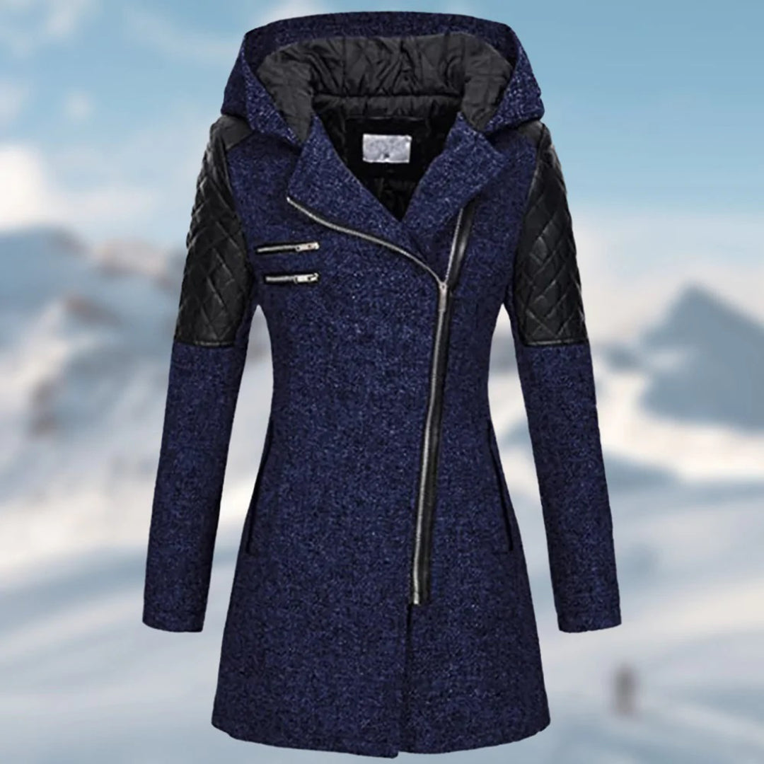 Women’s Textured Hooded Winter Coat – Asymmetric Zip Layer with Quilted Shoulder Panels