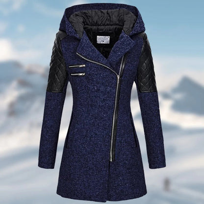 Women’s Textured Hooded Winter Coat – Asymmetric Zip Layer with Quilted Shoulder Panels