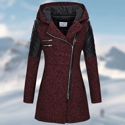 Women’s Textured Hooded Winter Coat – Asymmetric Zip Layer with Quilted Shoulder Panels