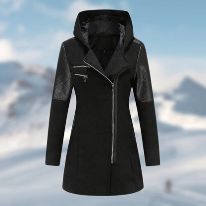 Women’s Textured Hooded Winter Coat – Asymmetric Zip Layer with Quilted Shoulder Panels