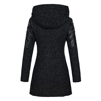 Women’s Textured Hooded Winter Coat – Asymmetric Zip Layer with Quilted Shoulder Panels