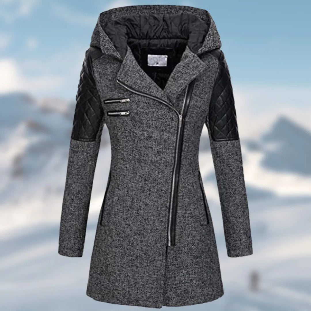 Women’s Textured Hooded Winter Coat – Asymmetric Zip Layer with Quilted Shoulder Panels