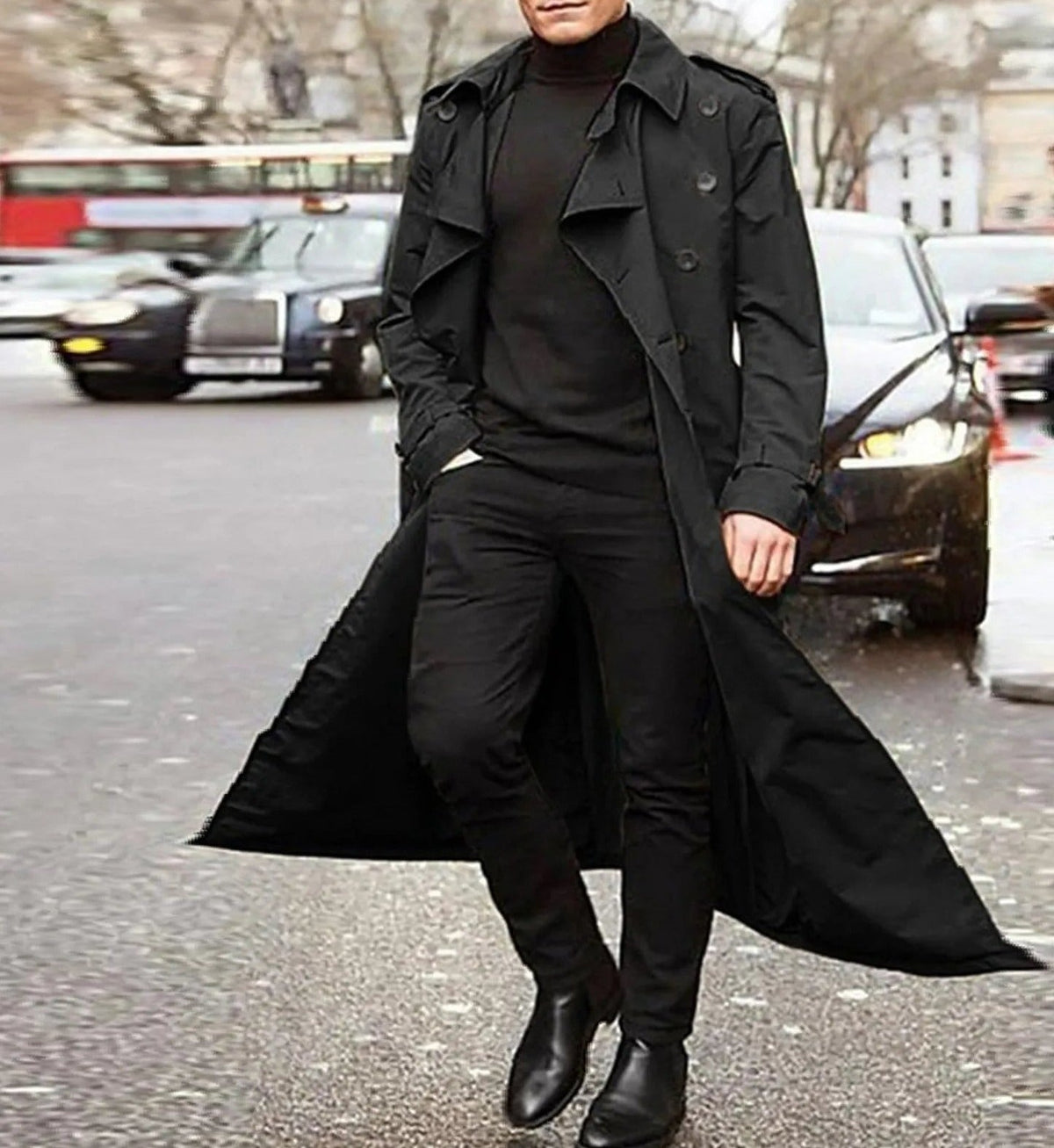 Men’s Longline Double-Breasted Trench Coat – Dramatic Tailored Layer with Epaulettes and Cuff Straps