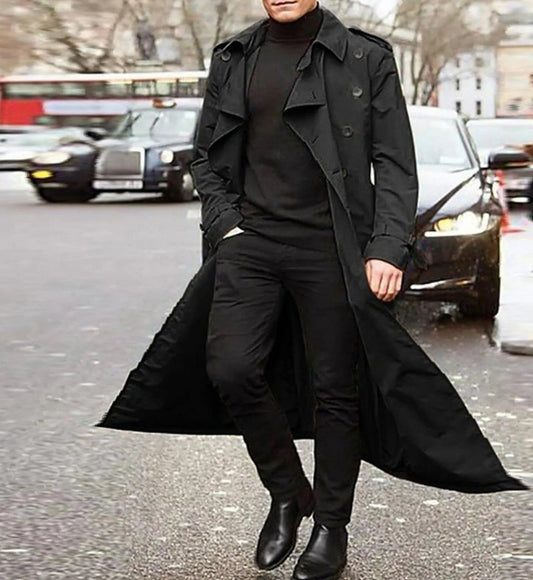 Men’s Longline Double-Breasted Trench Coat – Dramatic Tailored Layer with Epaulettes and Cuff Straps