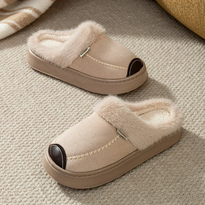 Women’s Fleece-Lined Platform Slippers – Plush-Trimmed Winter House Shoes with Contrast Stitching