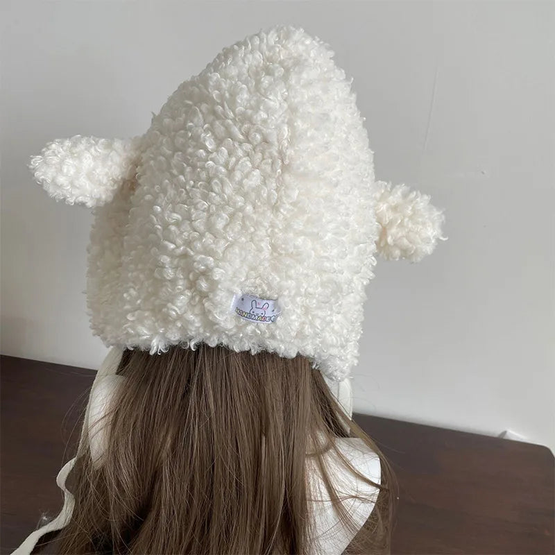 Women’s Plush Sheep Hood – Fluffy Animal-Ear Bonnet with Adjustable Tie Fastening