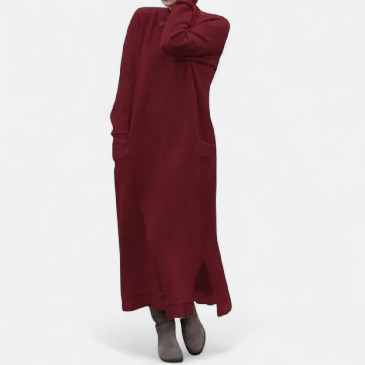 Women’s Knitted Maxi Dress – Stand-Collar Jumper Dress with Pockets
