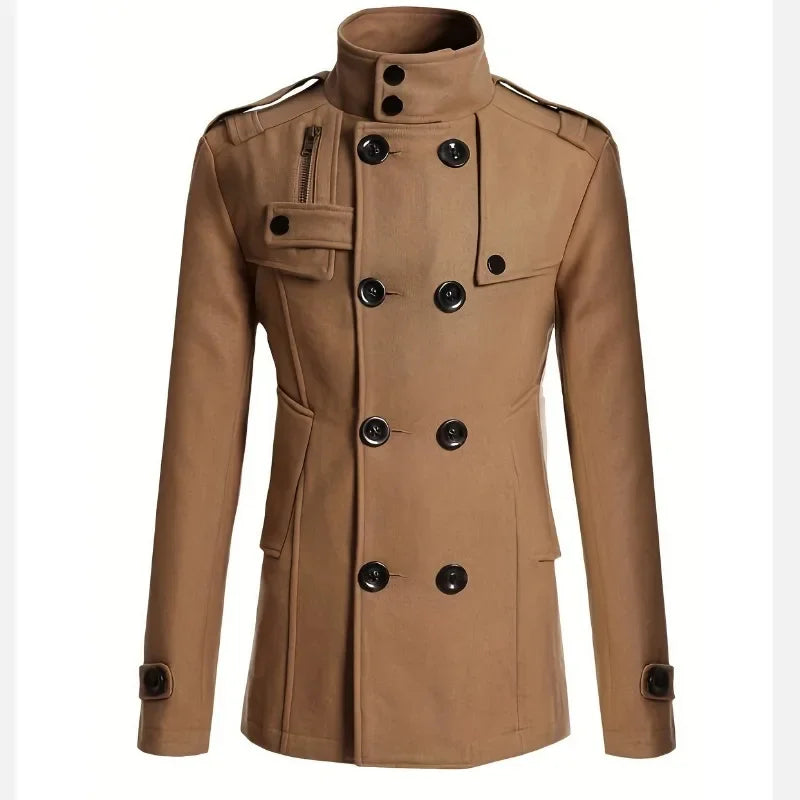 Men’s Double-Breasted Military Jacket – Structured Stand-Collar Coat with Epaulettes and Utility Pockets