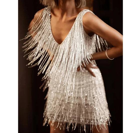 Women’s Cocktail Dress – Fringed Hem with V-Neck