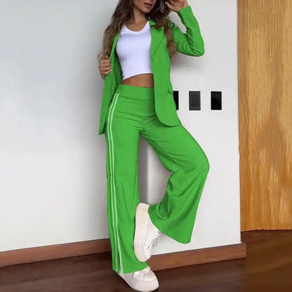 Women’s Tailored Blazer Trouser Set – Long-Sleeve Jacket with Wide-Leg Trousers for Smart Casual Wear