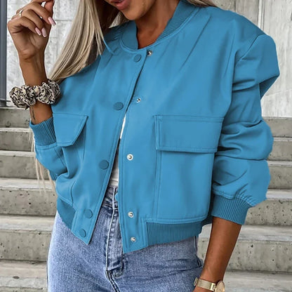 Women’s Relaxed Fit Bomber Jacket – Cropped Snap-Front Layer for Autumn and Winter Casual Wear