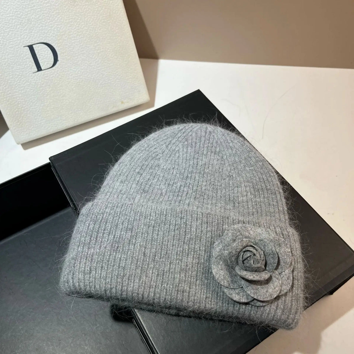 Women’s Rabbit-Fur Knit Winter Beanie – Soft Ribbed Warm Hat with Camellia Flower Detail
