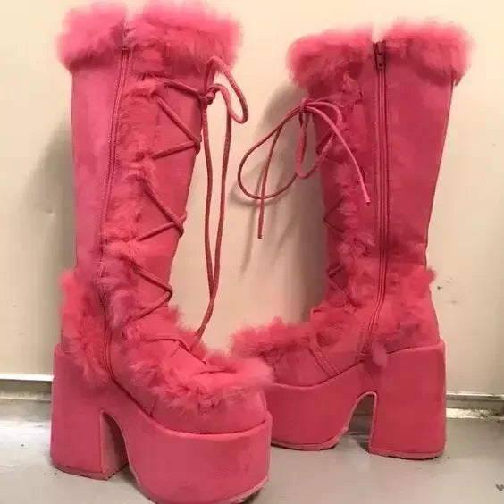 Women’s Faux-Fur Platform Snow Boots – Lace-Up Knee-High Winter Boots with Side Zip