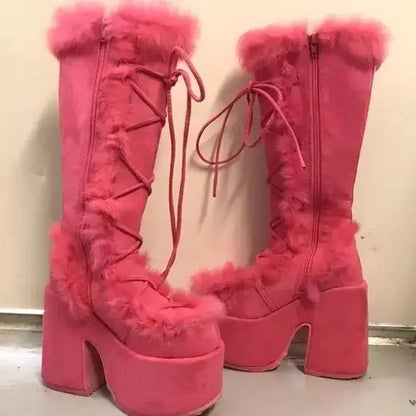Women’s Faux-Fur Platform Snow Boots – Lace-Up Knee-High Winter Boots with Side Zip