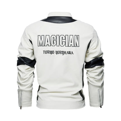 Men’s Embroidered Leather Biker Jacket – Racing-Inspired Zip-Up Design with Stand Collar