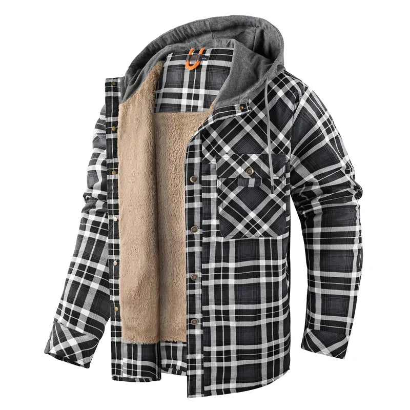 Men’s Hooded Fleece-Lined Plaid Shirt Jacket – Warm Button-Up Winter Overshirt