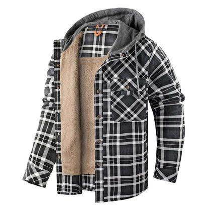 Men’s Hooded Fleece-Lined Plaid Shirt Jacket – Warm Button-Up Winter Overshirt