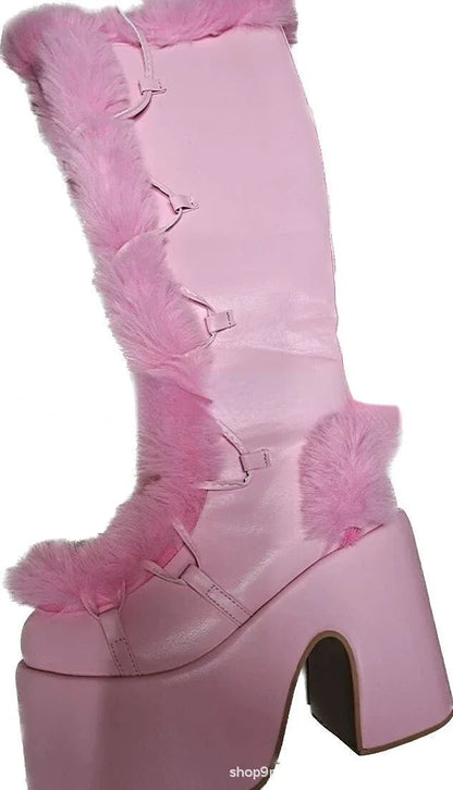 Women’s Faux-Fur Platform Snow Boots – Lace-Up Knee-High Winter Boots with Side Zip