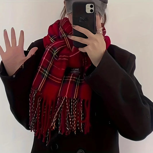 Women’s Cashmere-Feel Winter Scarf – Soft Printed Fringed Wrap for Elegant Autumn and Winter Layering