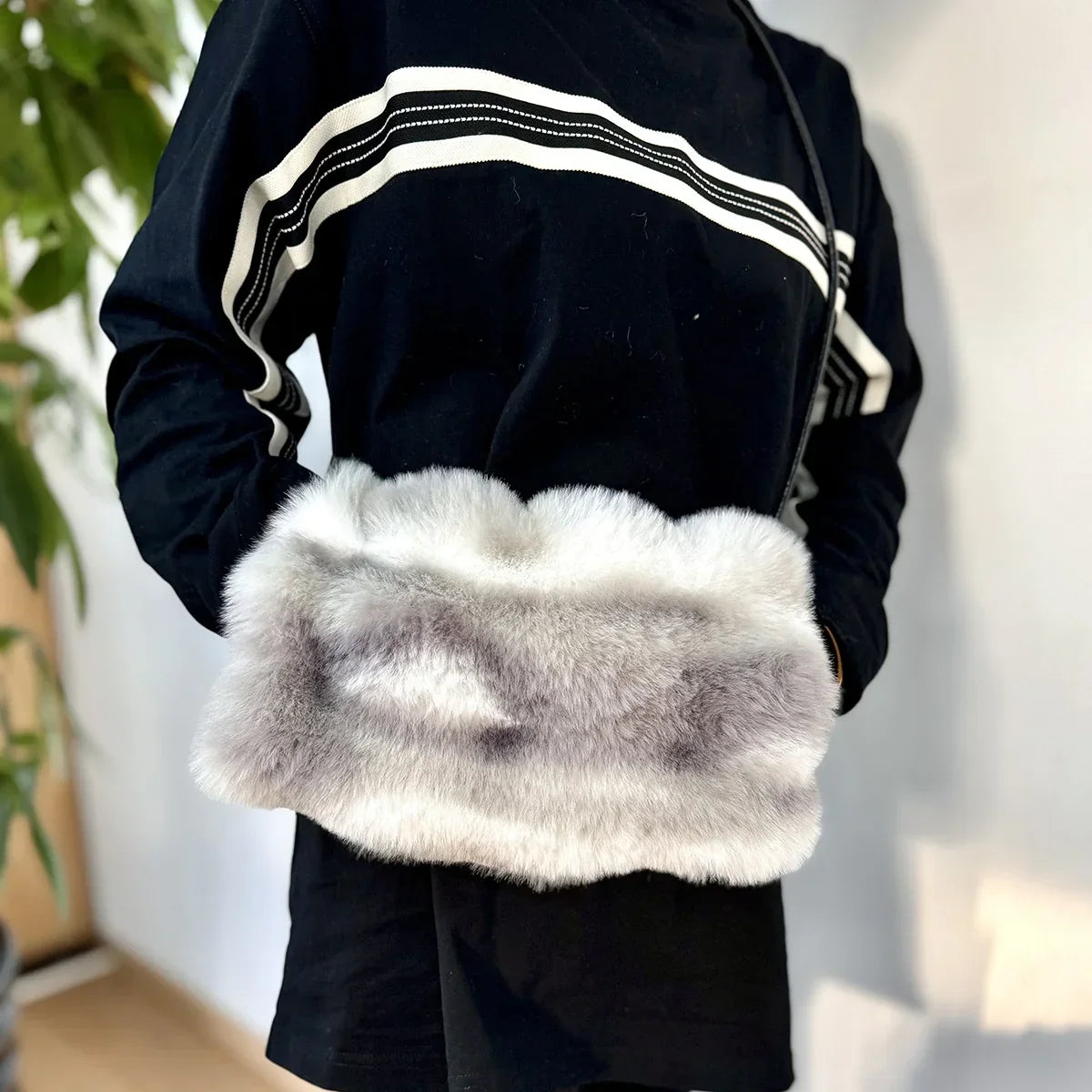 Women’s Plush Faux-Fur Hand Warmer Muff – Thick Winter Hand-Warming Tube with Shoulder Strap