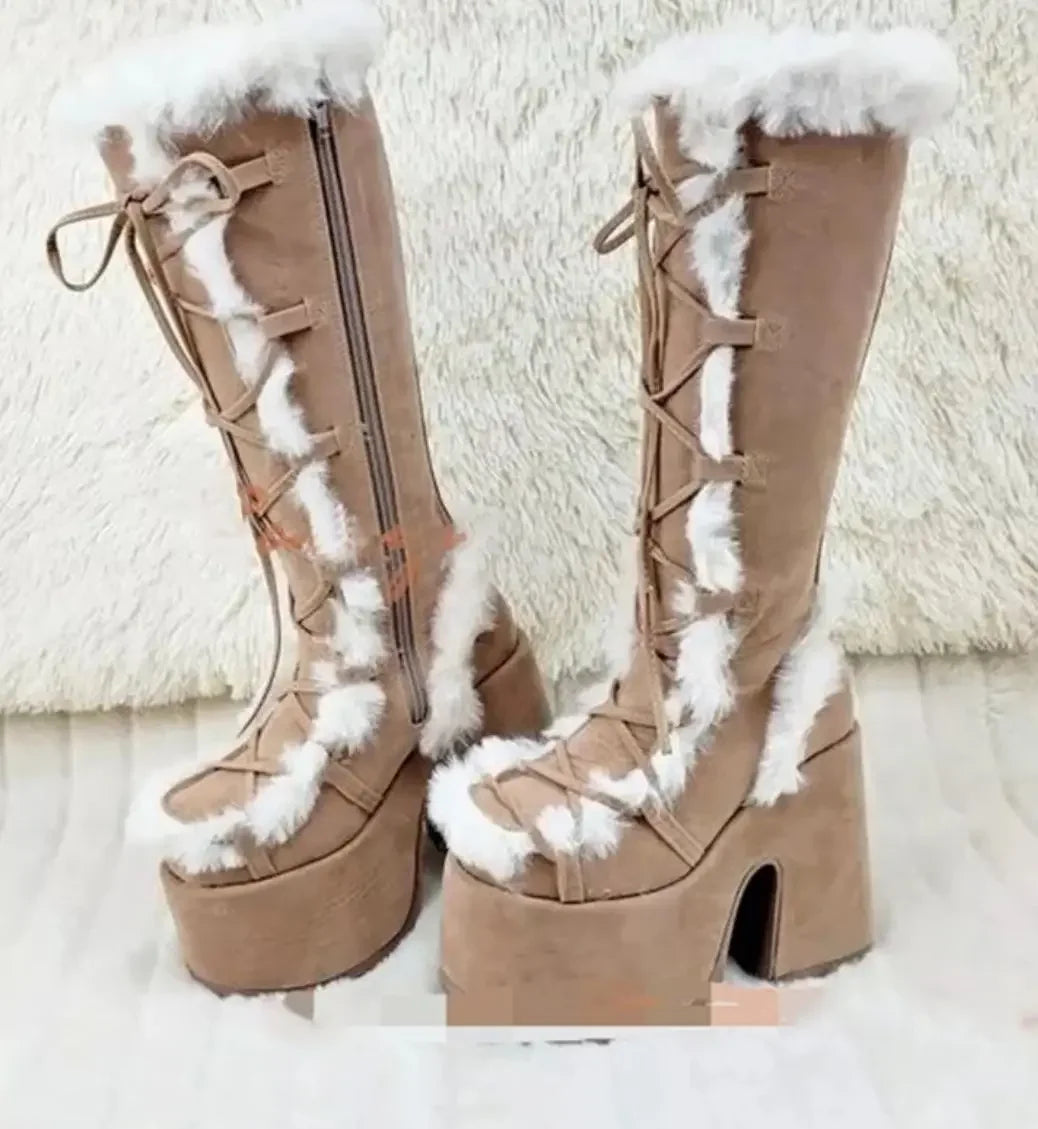 Women’s Faux-Fur Platform Snow Boots – Lace-Up Knee-High Winter Boots with Side Zip