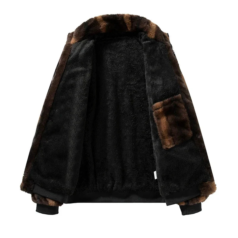 Men’s Plush Faux-Fur Jacket – Thick Winter Outerwear with High Collar and Ribbed Trims
