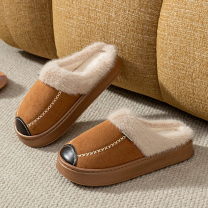 Women’s Fleece-Lined Platform Slippers – Plush-Trimmed Winter House Shoes with Contrast Stitching