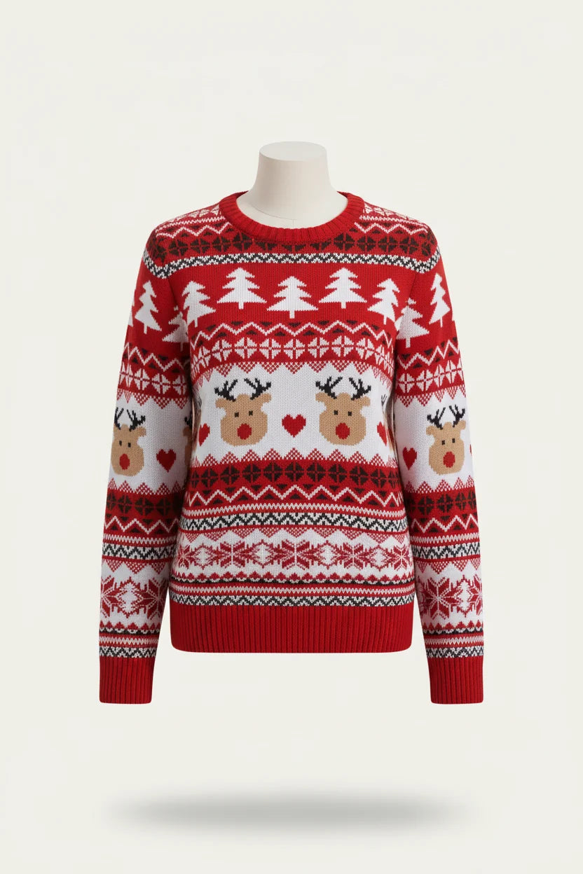 Women’s Holiday Pattern Sweater – Playful Crew Neck Knit for Christmas Events