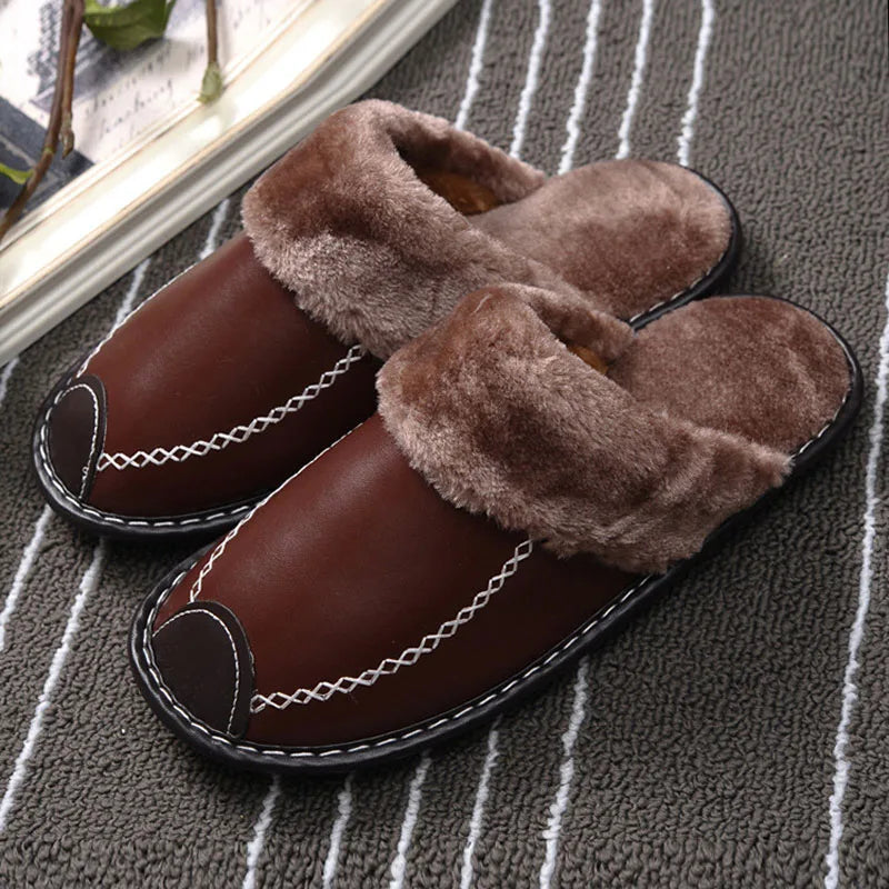 Women’s Plush-Lined Leather Winter Slippers – Warm Closed-Toe Slip-On Indoor House Shoes for Everyday Comfort