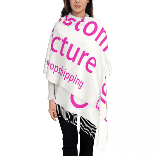Women’s Personalised Printed Winter Scarf – Soft Fringed Polyester Wrap with Custom Photo or Logo for Autumn and Winter Wear