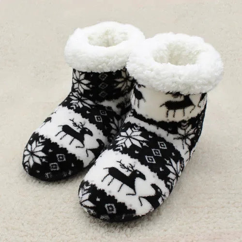 Women’s Festive Slipper Boots – Plush Winter House Shoes with Fold-Over Cuffs
