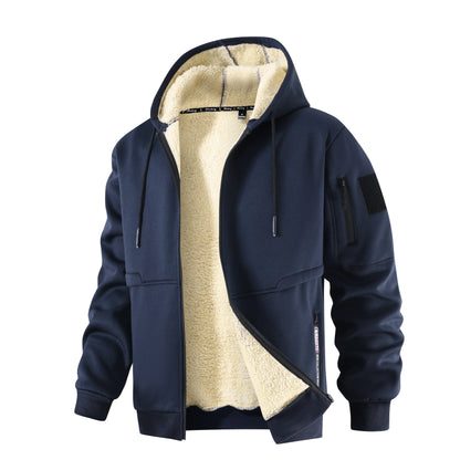 Men’s Sherpa-Lined Hooded Fleece Jacket – Thick Zip-Up Winter Outerwear with Utility Sleeve Pocket