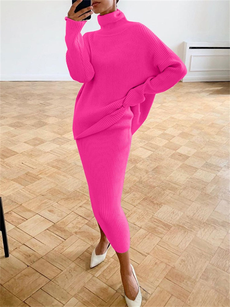 Women’s Turtleneck Knit Skirt Set – Relaxed Long-Sleeve Jumper with Slim Midi Skirt for Autumn Wear